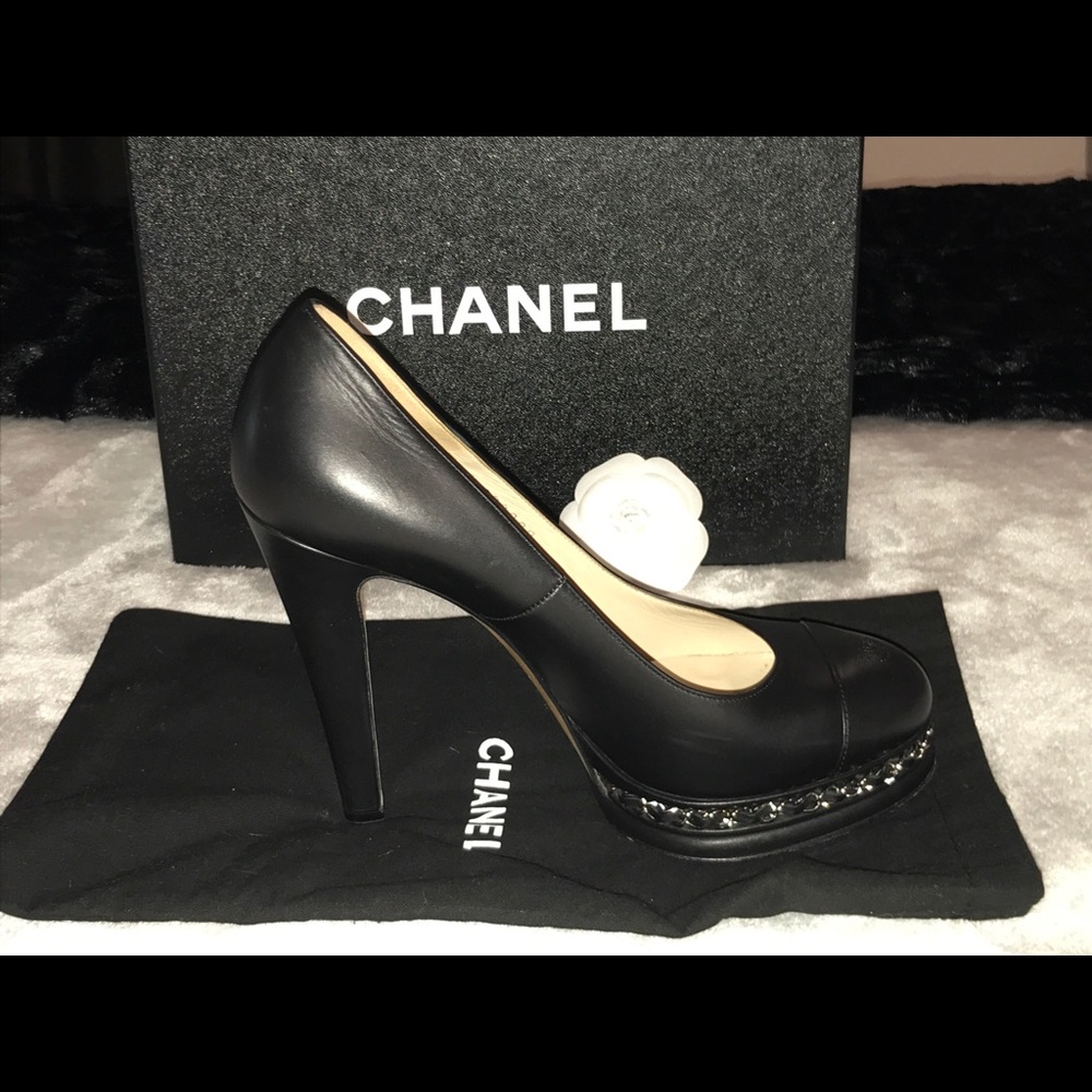 Chanel leather Platform Heel w/Silver Chain Detail